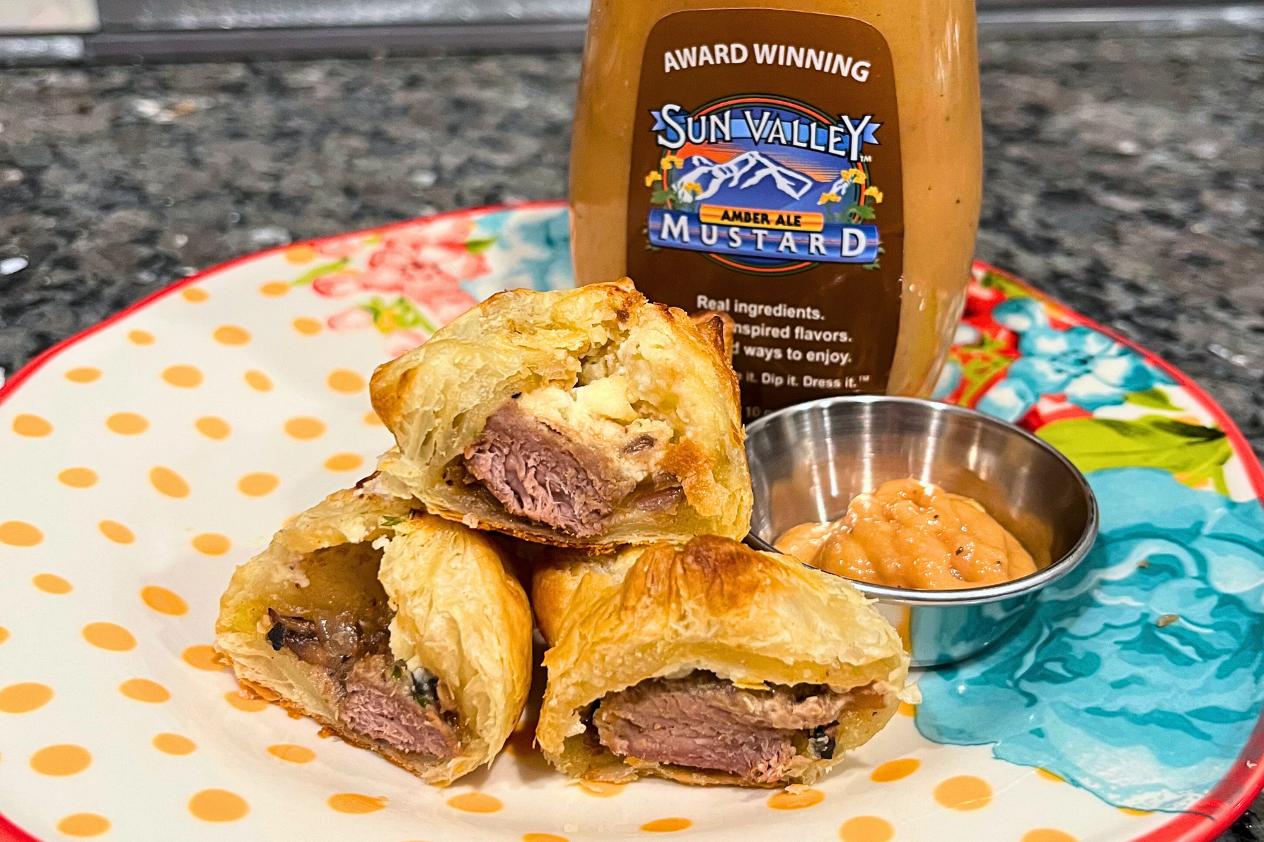 mini ostrich wellington bites with Sun Valley Amber Ale Mustard